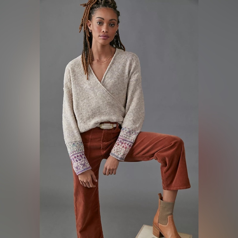 Pilcro Cream V-Neck Sweater with Purple Cuff Details